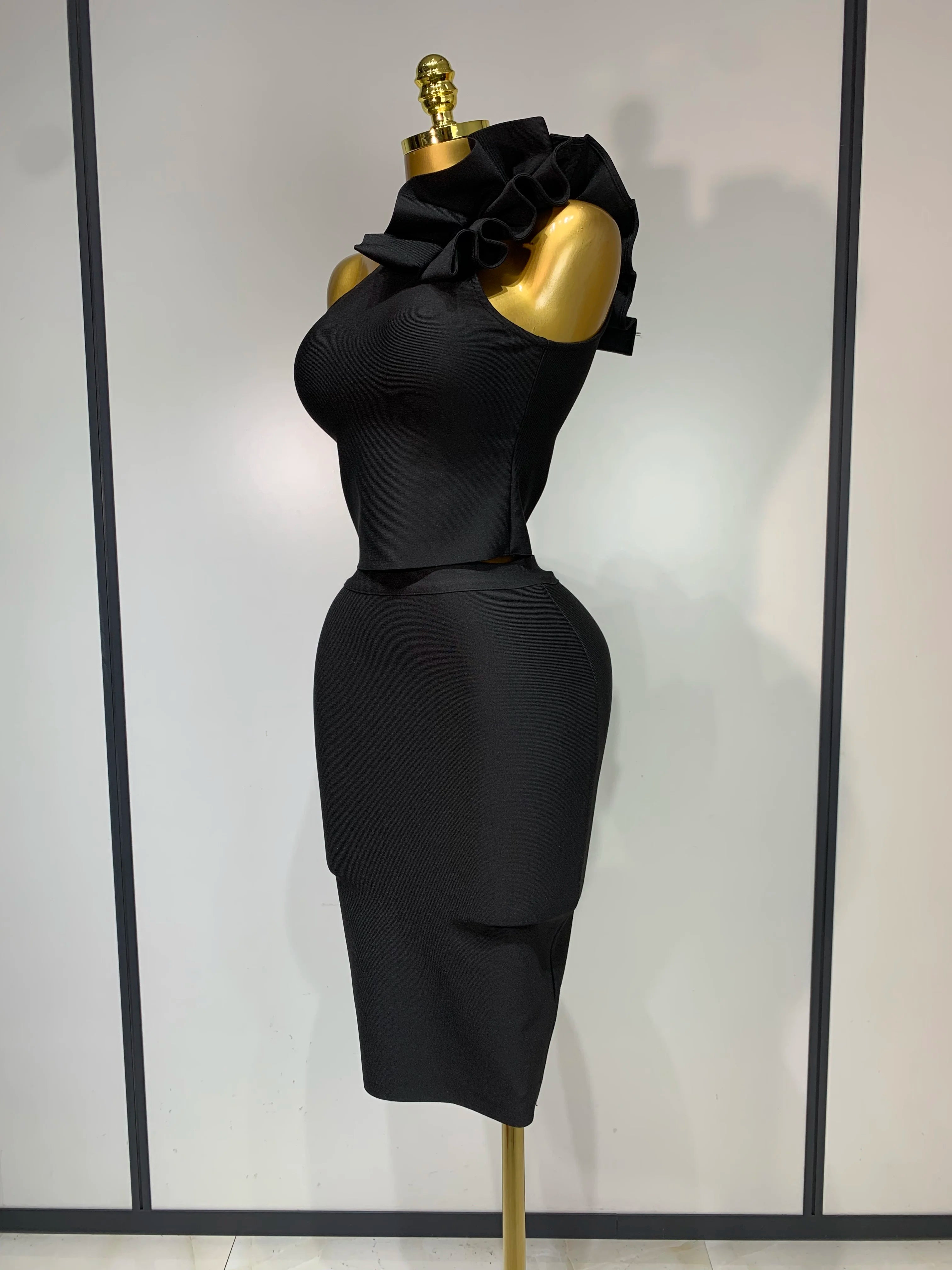 Women Sexy Sleeveless Ruffles One Shoulder Bandage Two Piece Set Fancy Club Evening Celebrity Elegant Party Bodycon Vestidos