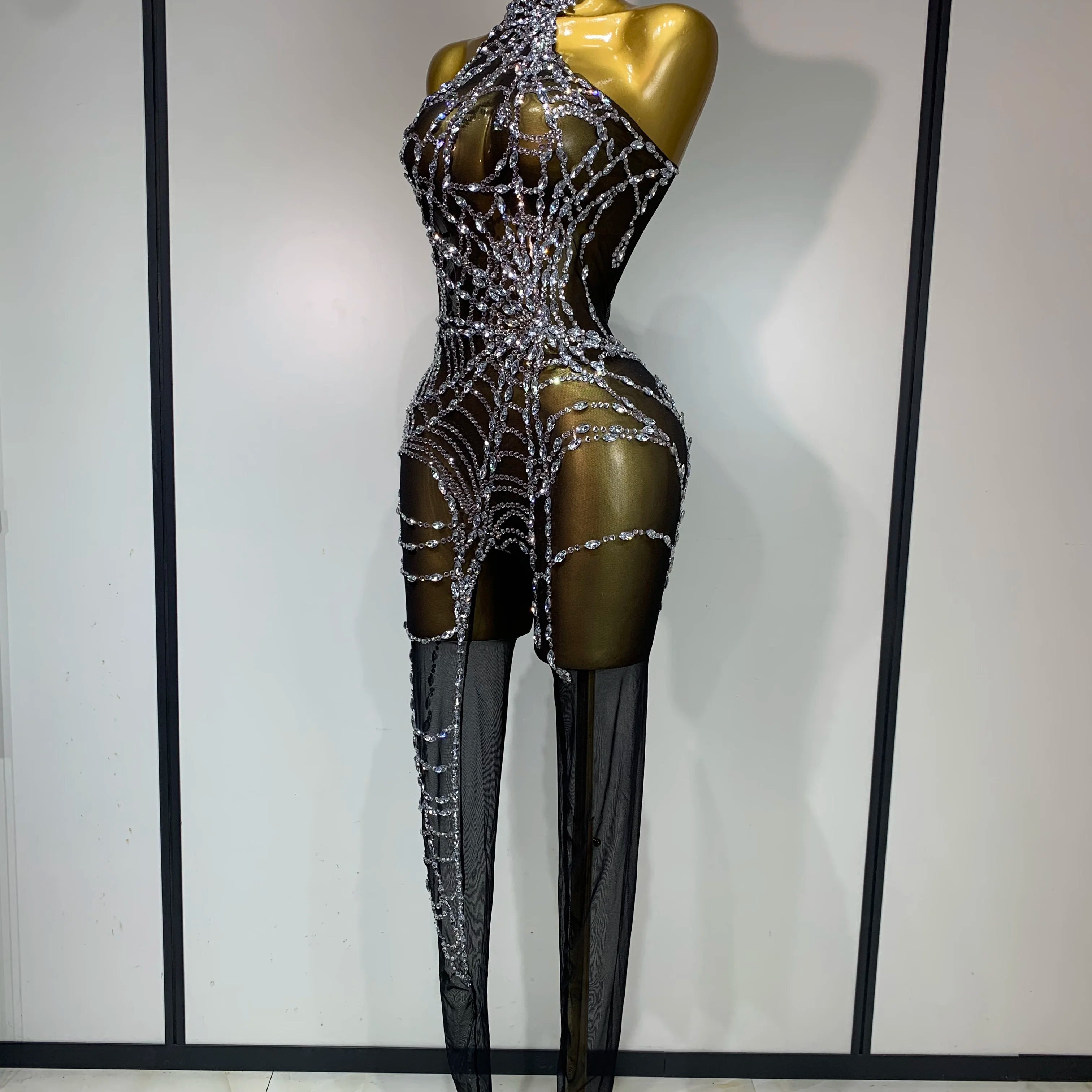 STOCK Sparkly Diamond Women Sexy Mesh Jumpsuit Nightclub Bar Party Show Gogo Dancer Clothing Drag Queen Outfit Stage Costume