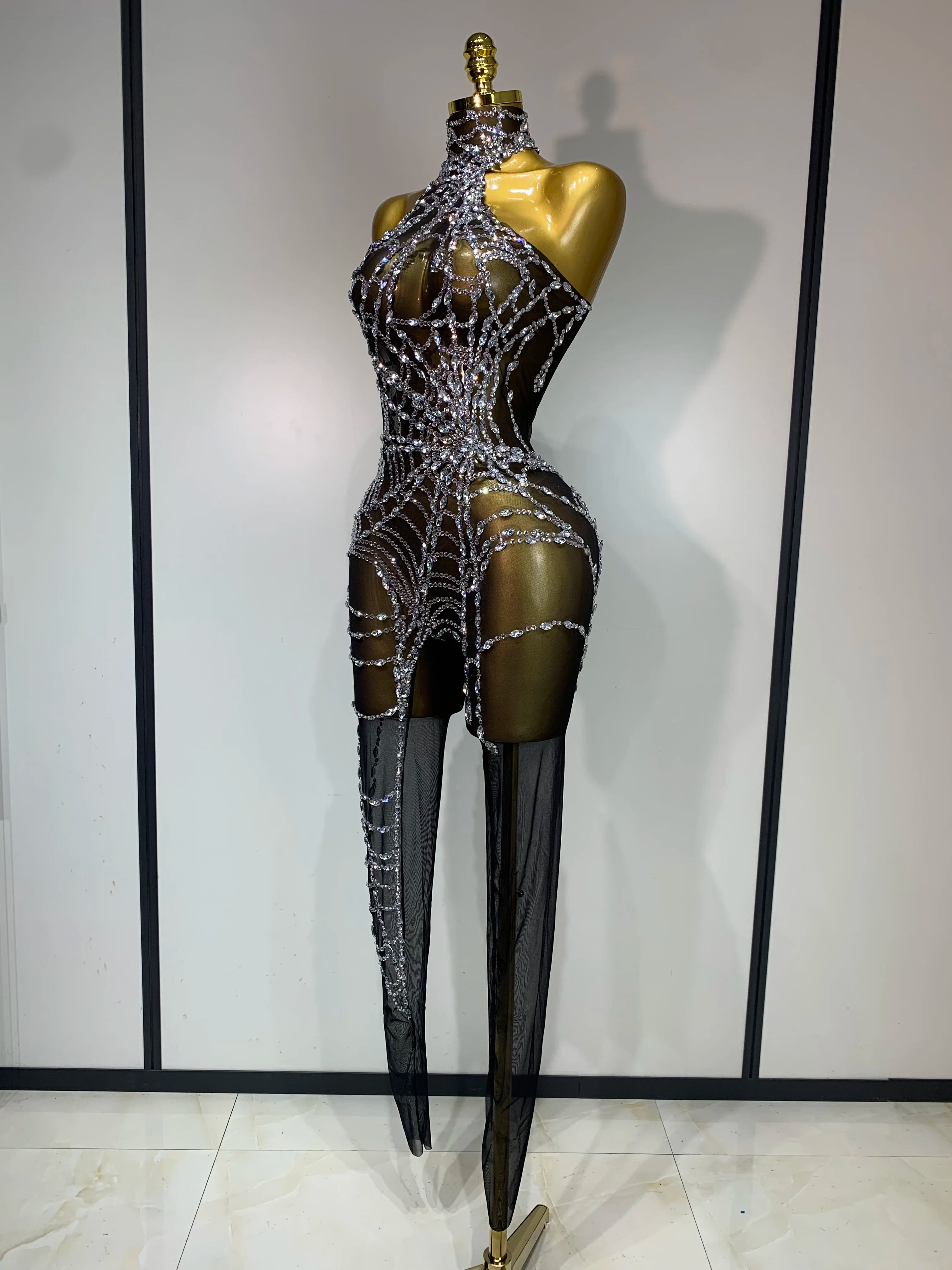 STOCK Sparkly Diamond Women Sexy Mesh Jumpsuit Nightclub Bar Party Show Gogo Dancer Clothing Drag Queen Outfit Stage Costume