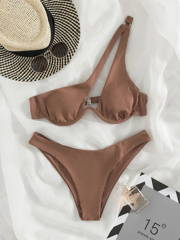 Sexy Bikinis Swimsuits Cut Out Women's Swimwear 2023 One Shoulder Biquini High Cut Bathing Suits Push Up Beach Bikini Set Brown