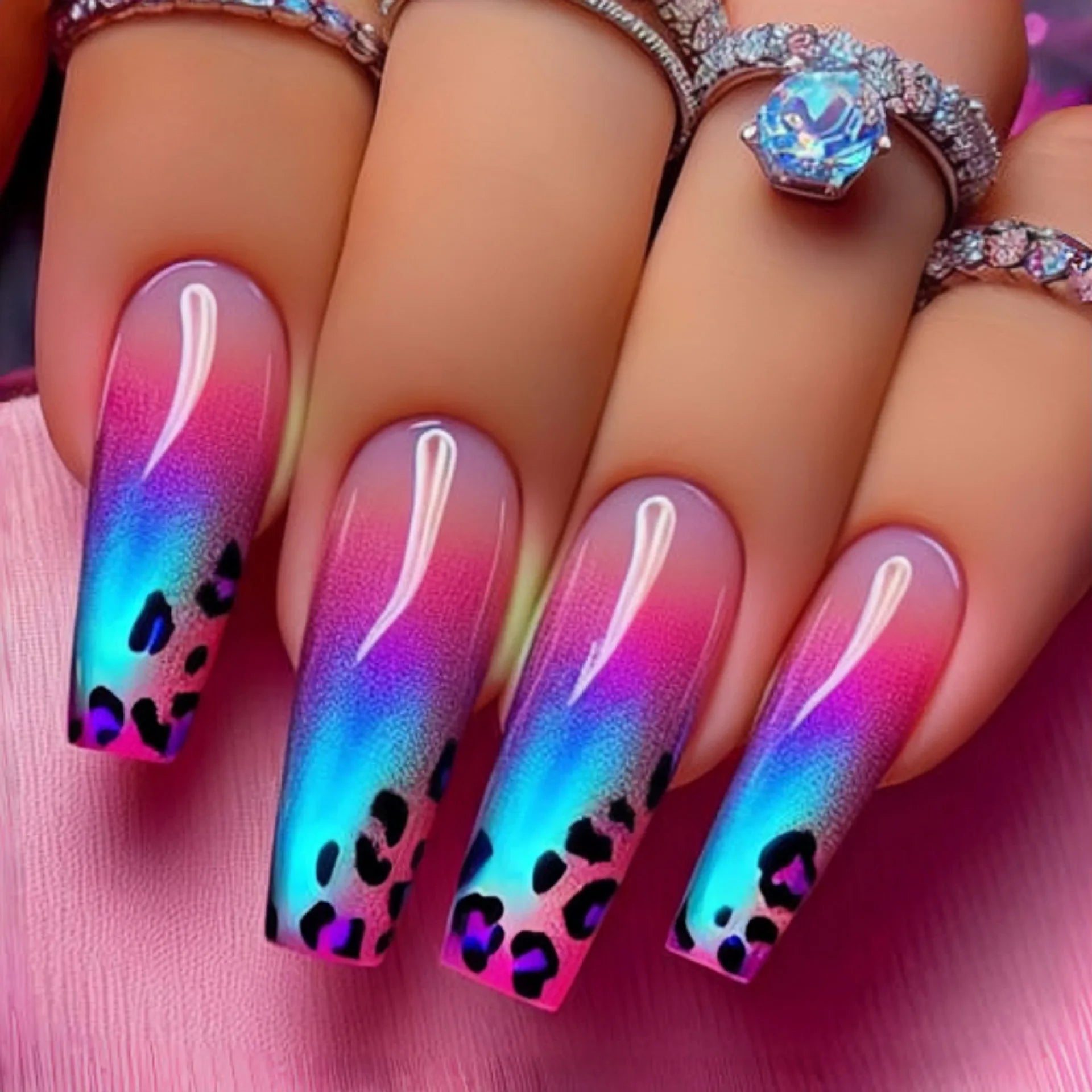 24pcs/set Short medium long fake nails colorful gradient Y2K sunset heart leopard print square ballet tips press on false nail 2146