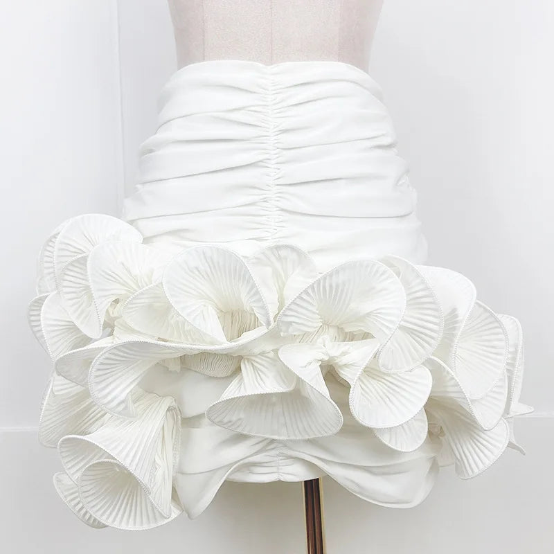 2024 Spring/Summer A-Line Women Skirt Satin Ruffles 3D Floral Decorations Night Club Party Hip-Wrapped Short Skirts White