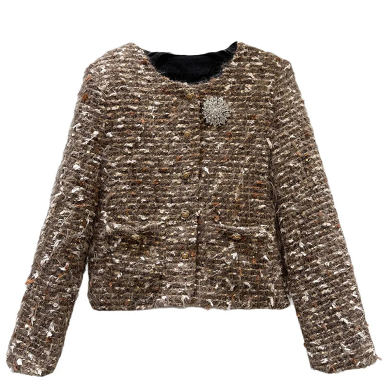 Winter New Fashion Style Rhinestone Flower Pin Knitted Thick Tweed Cotton Inner Short Coat For Women Jacket 11A07835