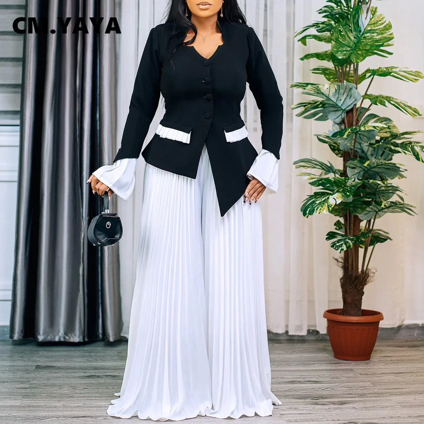 CM.YAYA Women's Set Full Flare Sleeve Button Blazer Shirt + Pleated Long Pants Suit Streetwear Two 2 Piece Set Africa OL Outfits
