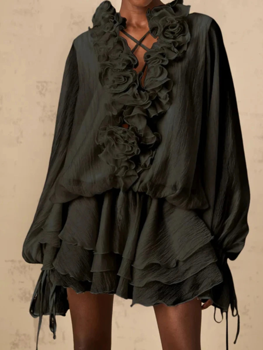 Solid Loose Spliced 3D Flowers Dresses for Women V Neck Long Sleeves Patchwork Ruffles Fold Dress Female Clothing BLACK