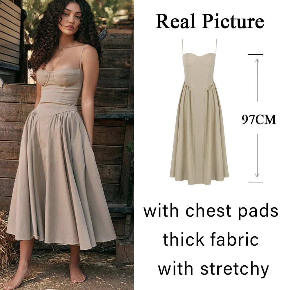 Suninheart Summer Elegant Midi Spaghetti Strap Dresses Slim V Neck A Line Party Dress Khaki Casual Dress Women's Clothing refer size chart 1