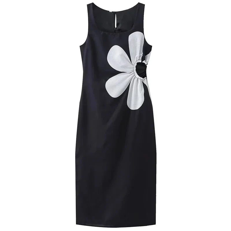 TRAF Women Dresses Spring Summer Midi Print Dress Ruffled Sleeveless Floral Cut-Out Dress Party Dress Women Elegant Luxury Black