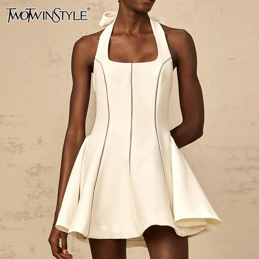 Solid Slimming Fashion Mini Dresses for Women Halter Neck Sleeveless Patchwork Bow Tunic Elegant Dress Female New
