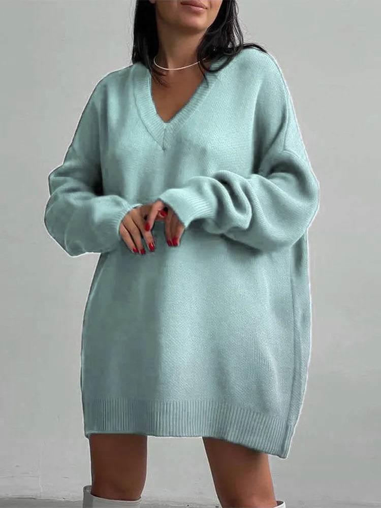 Loose Sweater V-Neck Women Lantern Full Sleeve Solid Knitted Pullover Casual Autumn Winter Knitwear Top Blue One Size