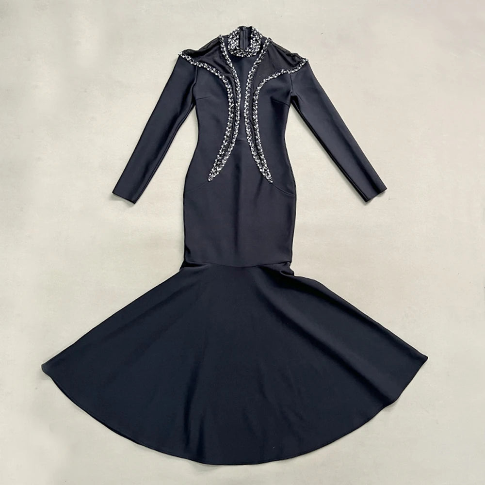 Newest Fashion 2025 Designer Party Vestido Women'S Diamonds Mesh Long Sleeves Bodycon Mermaid Long Maxi Dress black
