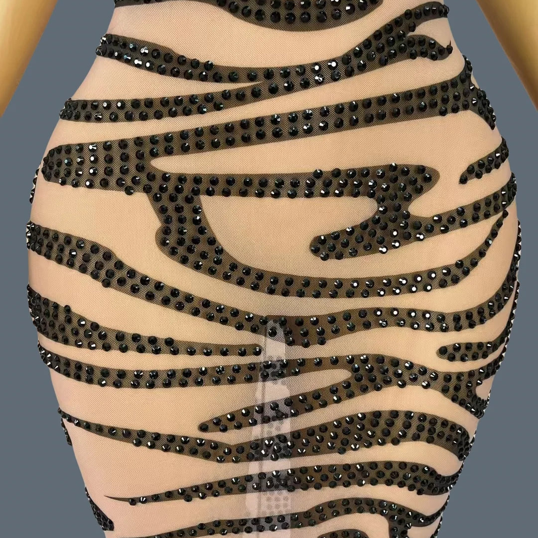 New Black Rhinestone Sheer Mesh Leopard Print Strap Chic Gown for Nice Figure Women Birthday Party Queen Maxi Dress Modengbaowen