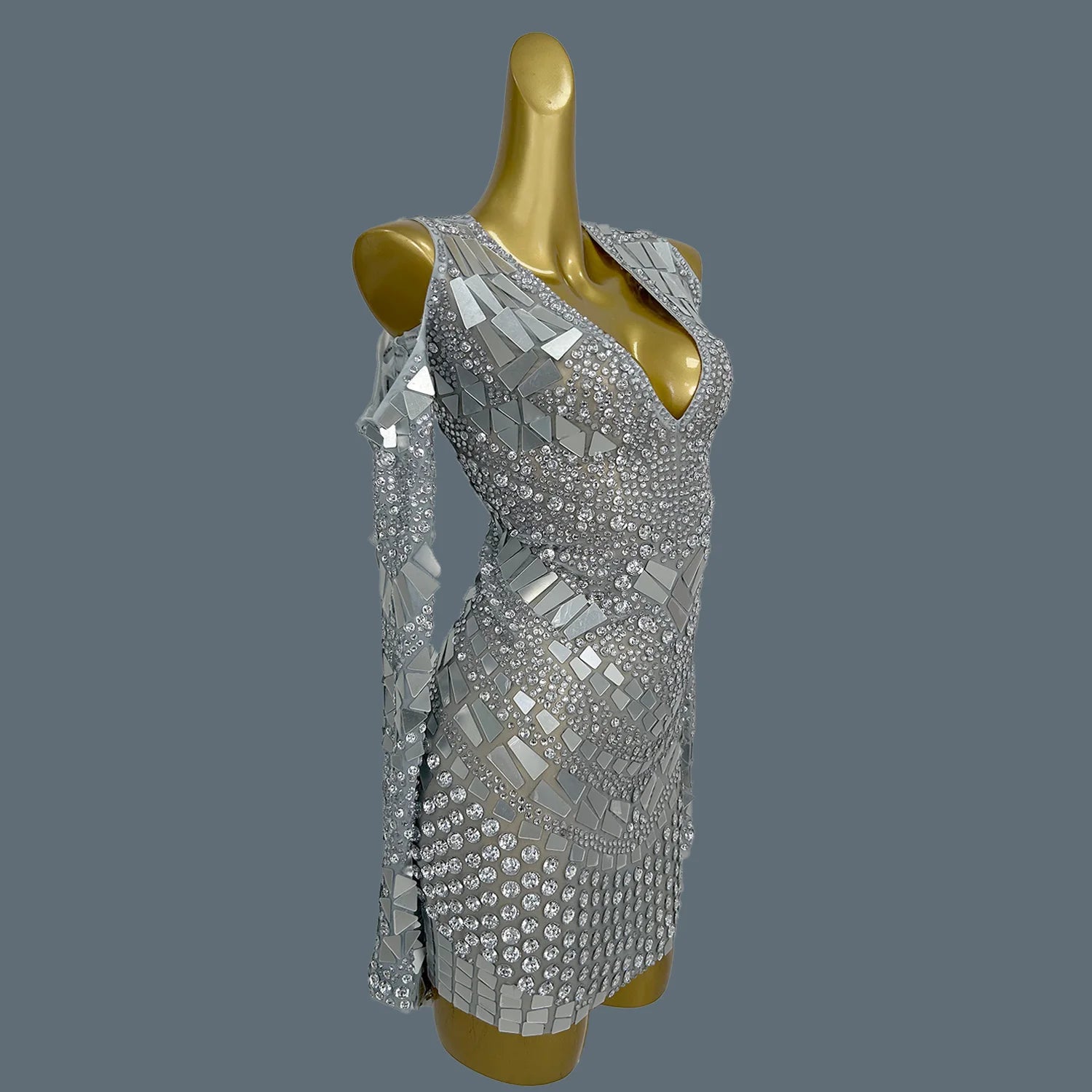 Women's Sparkly Rhinestone Mirrors Dress Sexy Sheer Mesh Dress Birthday Prom Club Dress up Showgirl Wear Haute Couture Yinsui