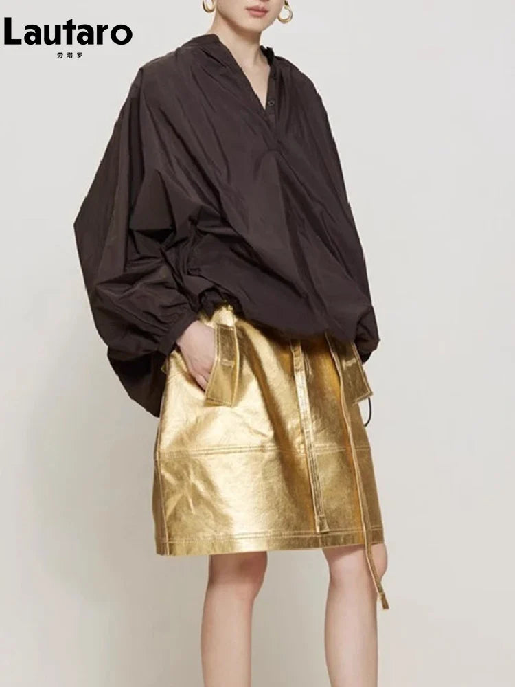 Summer Autumn Gold Shiny Faux Leather Skirt Women with Sashes A Line Korean Style Clothes Streetwear 2023 Runway Fashion