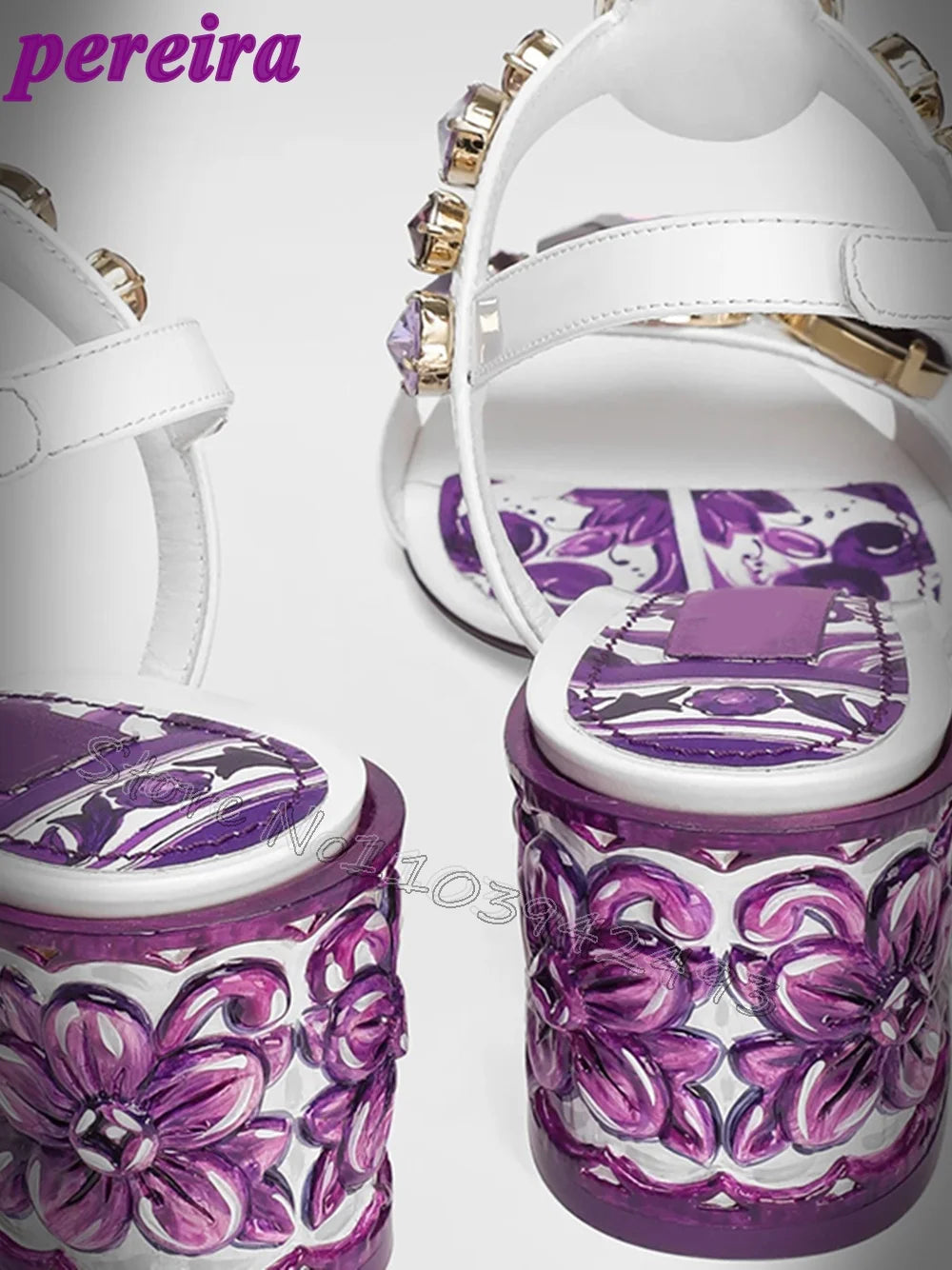 Purple Floral Heeled Sandals Gemstone Heels Women Luxury Designer Shoes Summer Square Heel Buckle Strap Shoes Elegant Sandalias