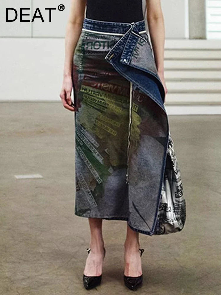 DEAT Fashion Women's Denim Skirt Double-sided Irregular Print Washed Zip Spliced Mid-calf Cotton Skirts Autumn New 7AB224