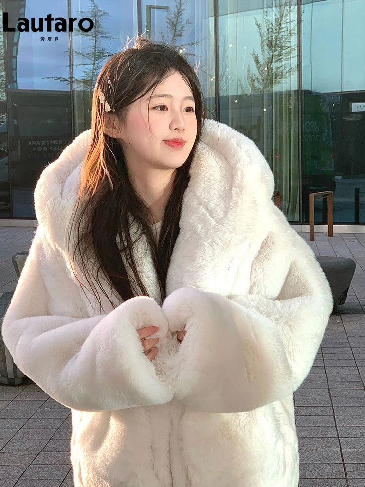 Lautaro Autumn Winter Thickened Warm White Reversible Faux Fur Coat Women with Fake Fur Inside Loose Luxury Cute Fluffy Jacket white