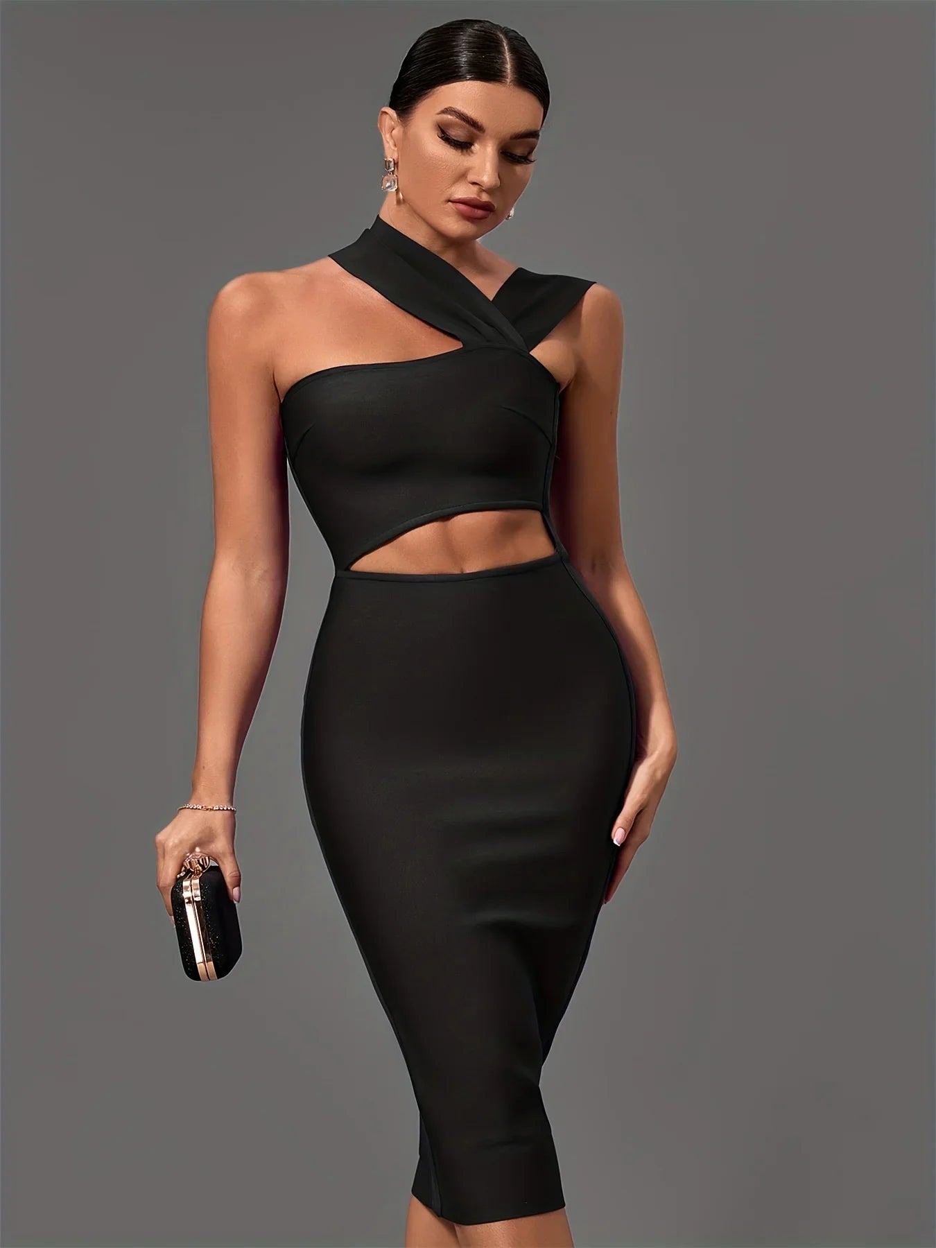 Black Bandage Dress Women Midi Party Dress Bodycon Elegant Halter Neck Sexy Cut Out Birthday Evening Club Outfits Summer black