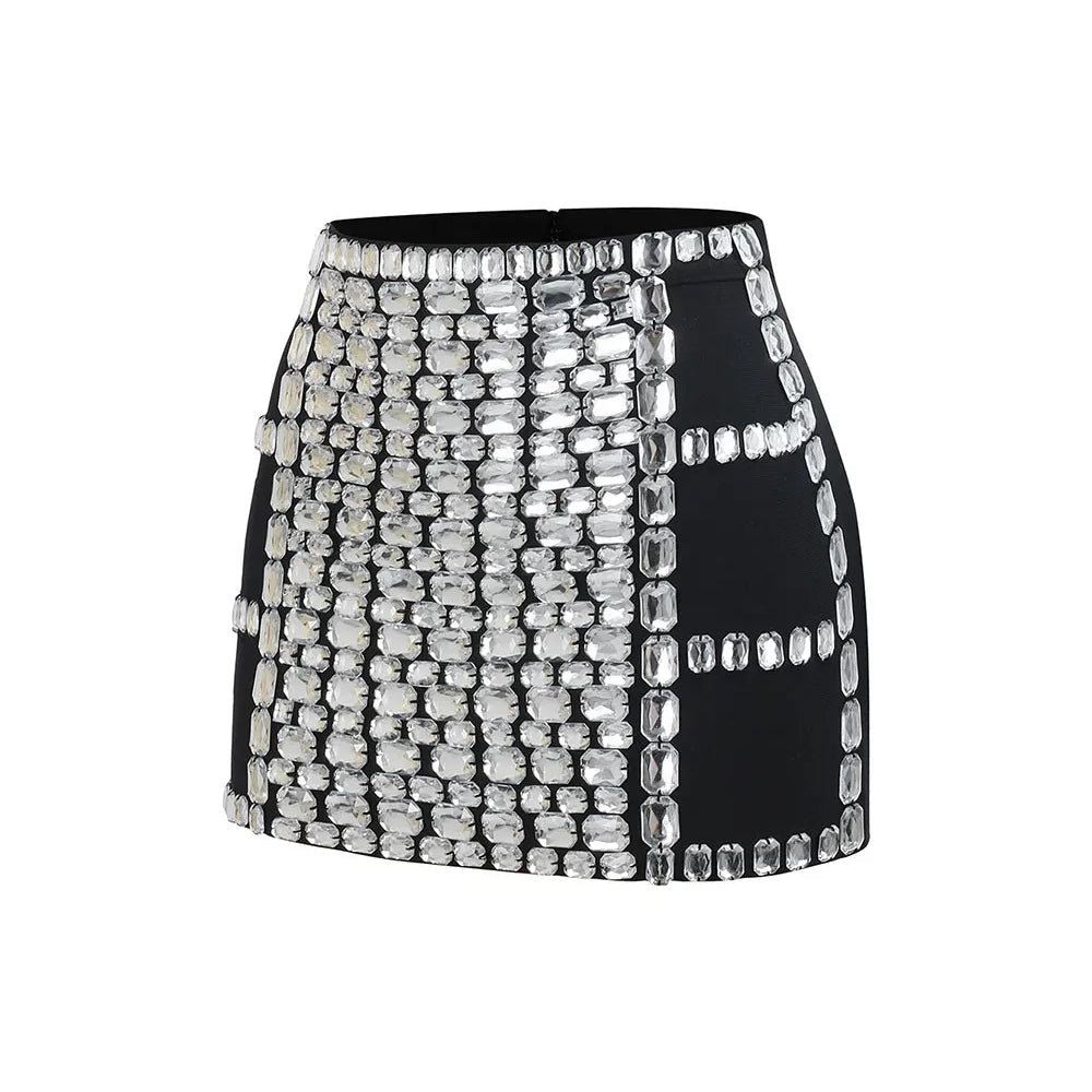 2025 Women Light Luxury Nail Bead Short Skirt Sets With Hanging Neck Style Sleeveless Ultra Short Top + Mini Skirt Two-Piece Set