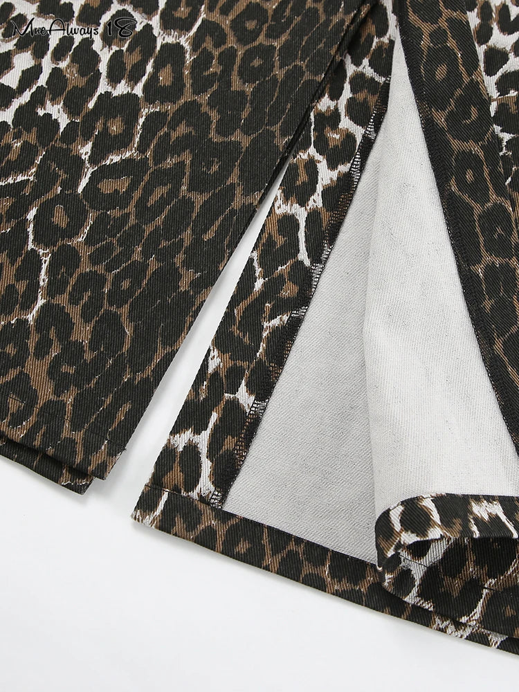 Mnealways18 Vintage Leopard Print Straight Skirts Female Street Chic High Waist Long Skirt Summer Office Split Skirt Cotton