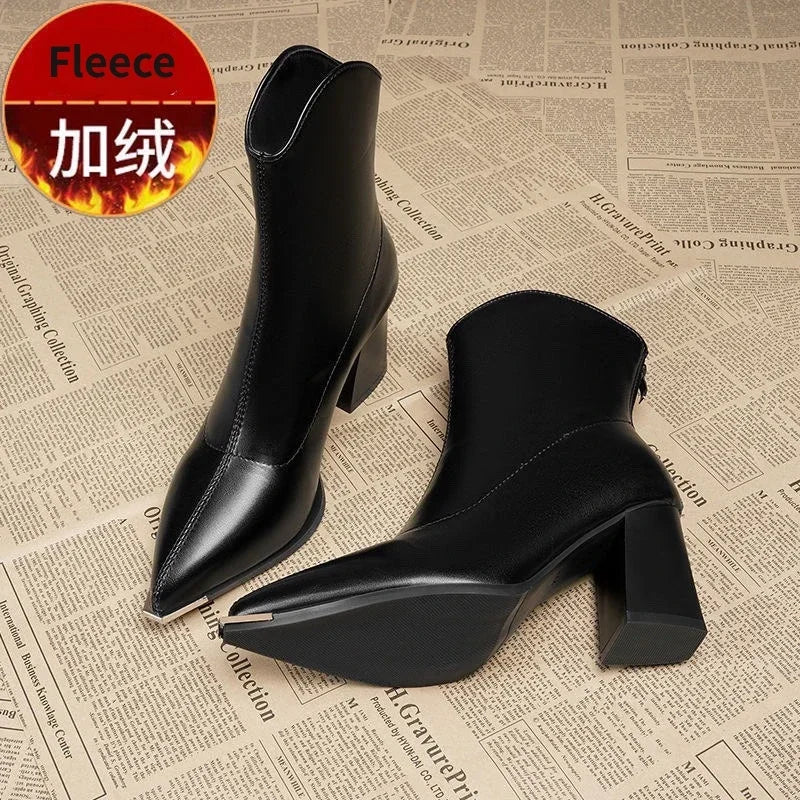 Winter High Heels Sexy Women Luxury Shoes Chunky Ankle Chelsea Boots Fashion New Pointed Toe Zipper Goth Pumps Black Brown Black Fleece