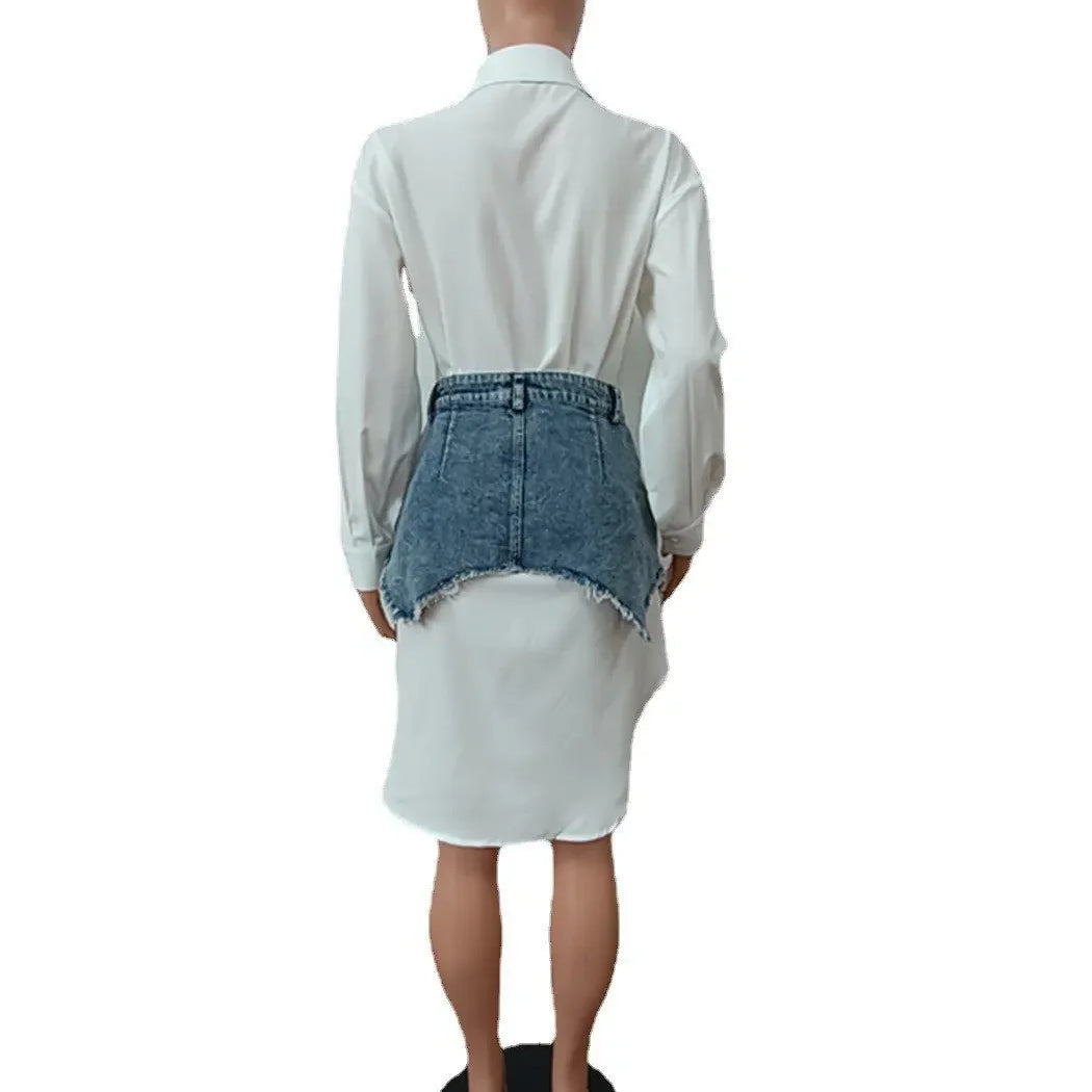 Vintage Women Long Sleeve Turn-down Collar Shirt Blouse Style Dress with Denim Jean Irregular Mini Skirt Two 2 Piece Set