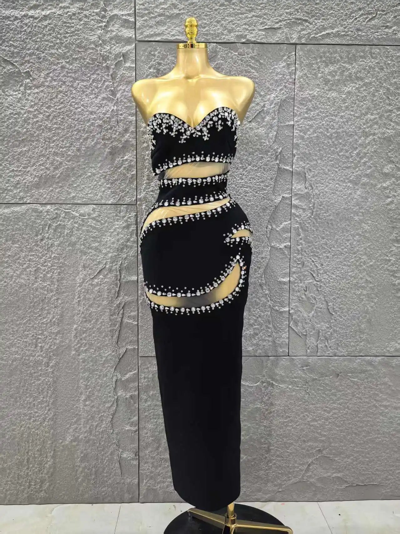 Black Color Women Sexy Strapless Shinning Crystal Mesh Holes Bodycon Bandage Long Dress Celebrate Evening Party Outfit black