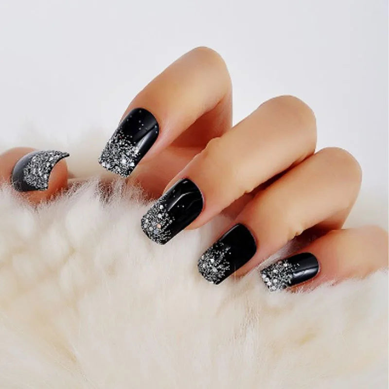 24pcs/set Glitter fake nails for women girls super flash sparkling gradient pink black tips faux ongles press on false nail art 1102