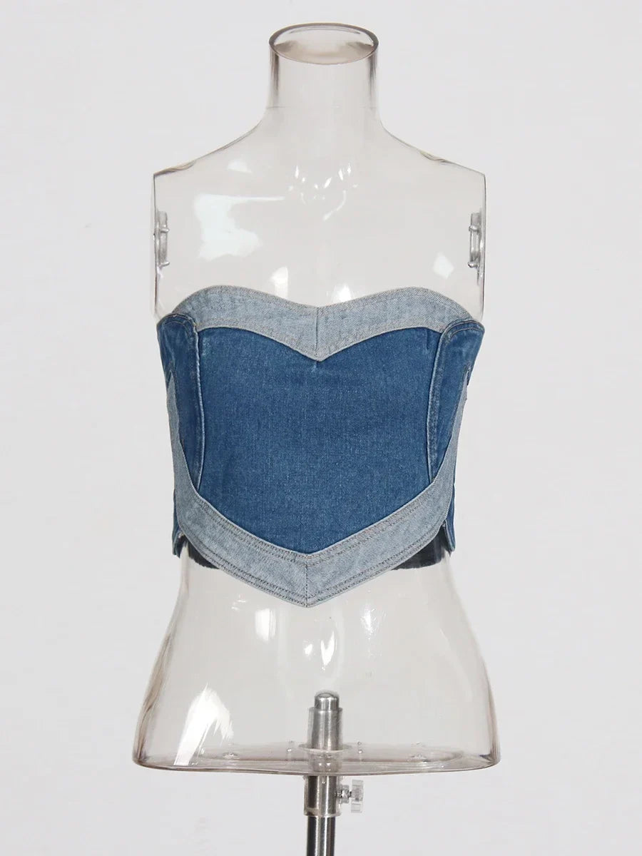 Soild Two Piece Sets for Women Straplelss Sleeveless Vest High Wiast Patchwork Hollow Out Jeans Elegant Set Female