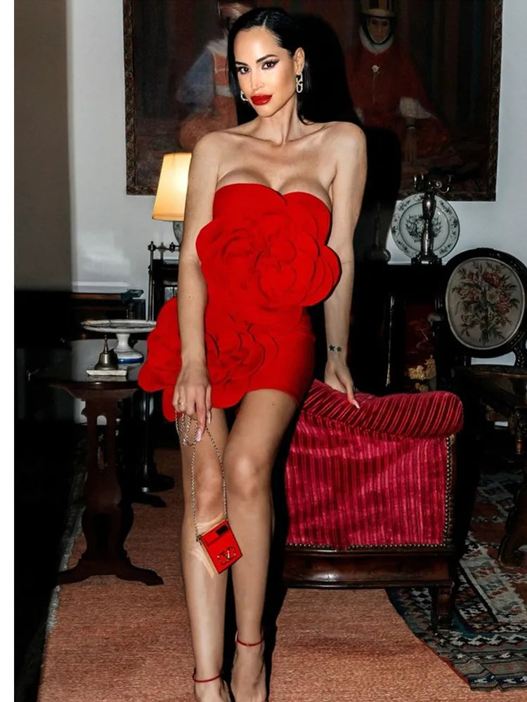 Women Celebrity Sexy Strapless Backless Flower Mini Gowns Dress 2024 Elegant Evening Party Club Dress Vestido