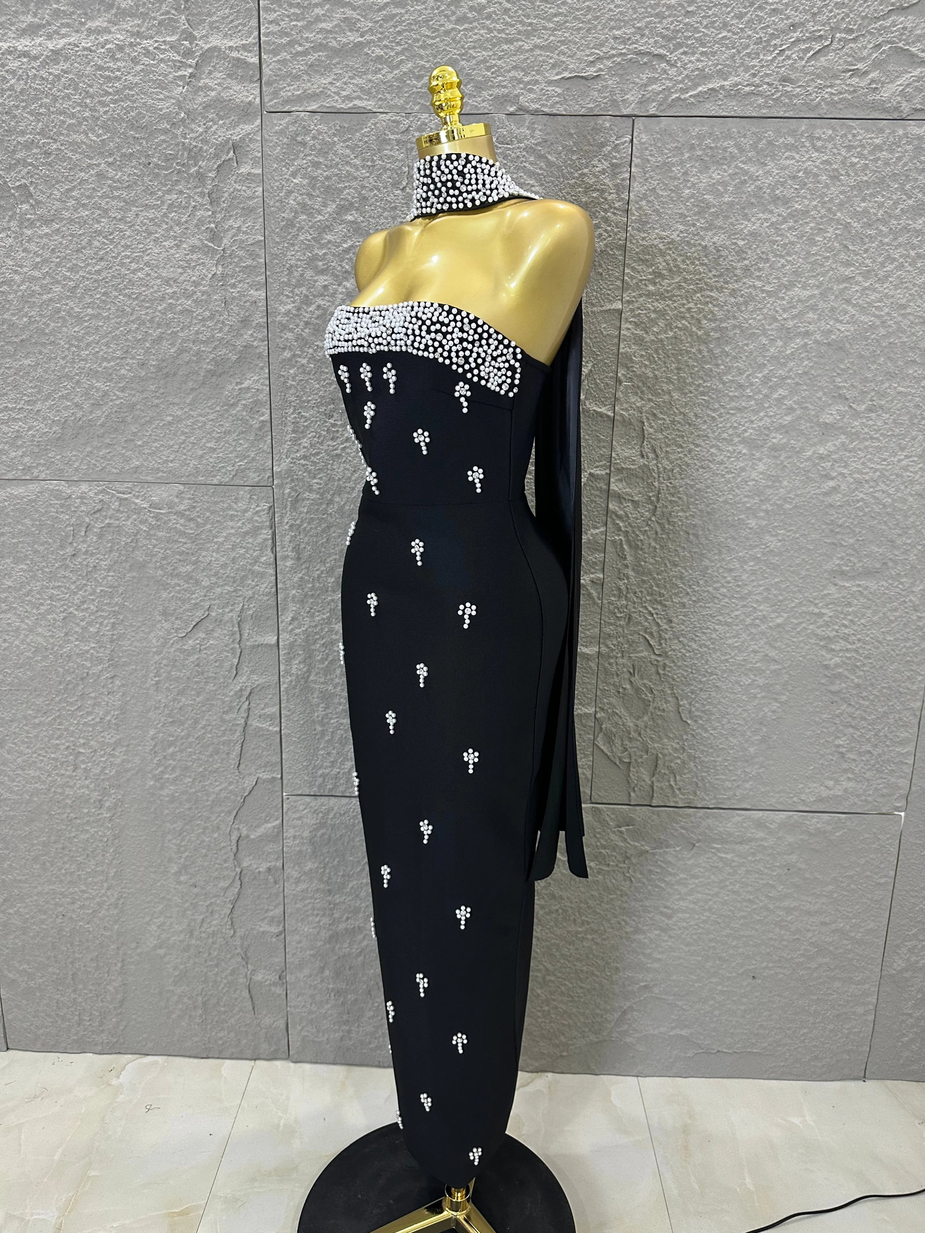 Sexy Black Pearl Studded Maxi Dress Halter Cape Bandage Bodycon Stage Birthday Party Nightclub Celebrate Photo Shoot Out