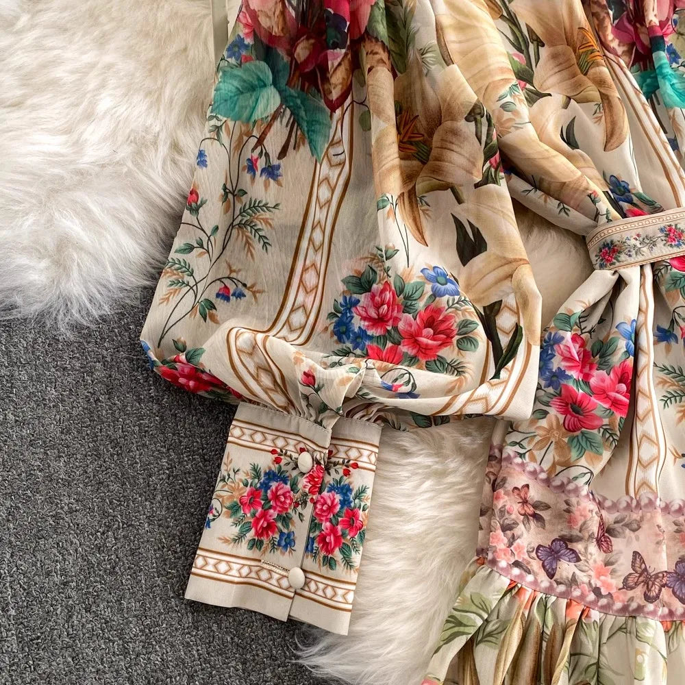 Holiday Flower Print Long Dress Women's Stand Lantern Sleeve Single Breasted Floral Print Belt Oversize Maxi Robe Vestidos 2063