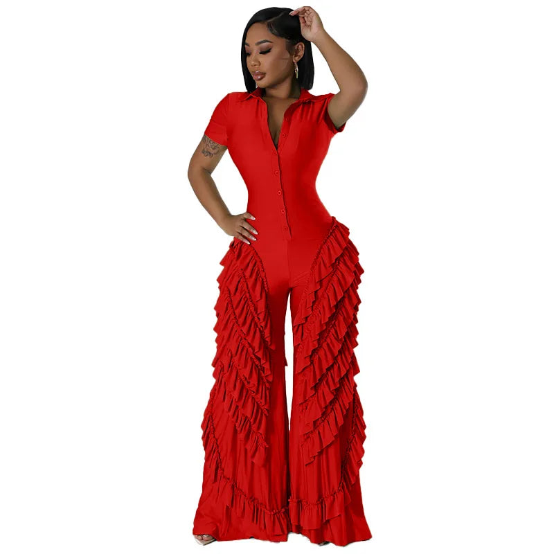 Fashion Women Mult Ruffles Short Sleeve Zipper Fly Wide Leg Shirt Jumpsuit 2024 Streetwear Romper One Piece Set Playsuit Red