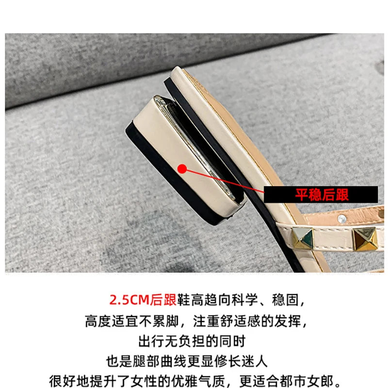 2023 Summer low heel women rivets sandals thin ribbon fashion Korean design girls shoes large size wear slippers free delivery