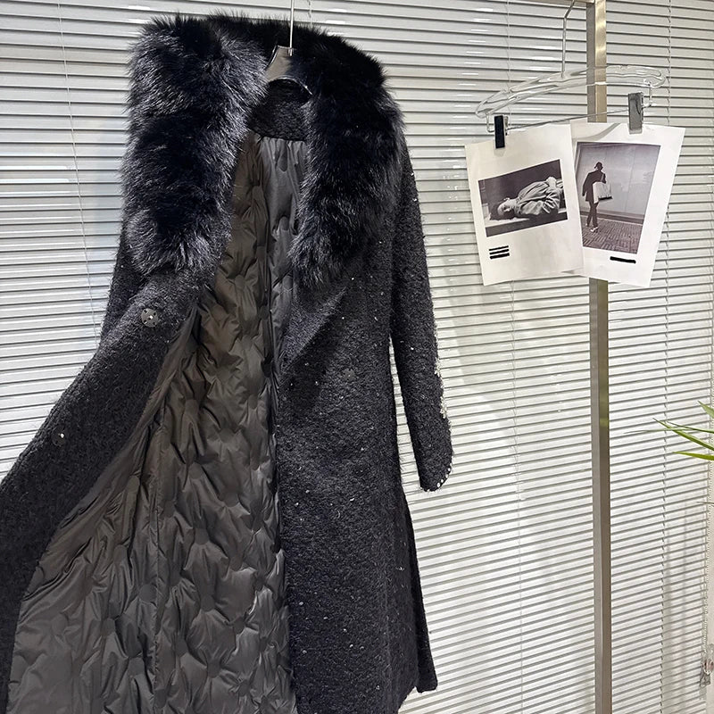 Winter New Fashionable Large Fox Fur Collar Sequin Embroidery Cotton Inner Trench For Women Long Coat Female 11A07776
