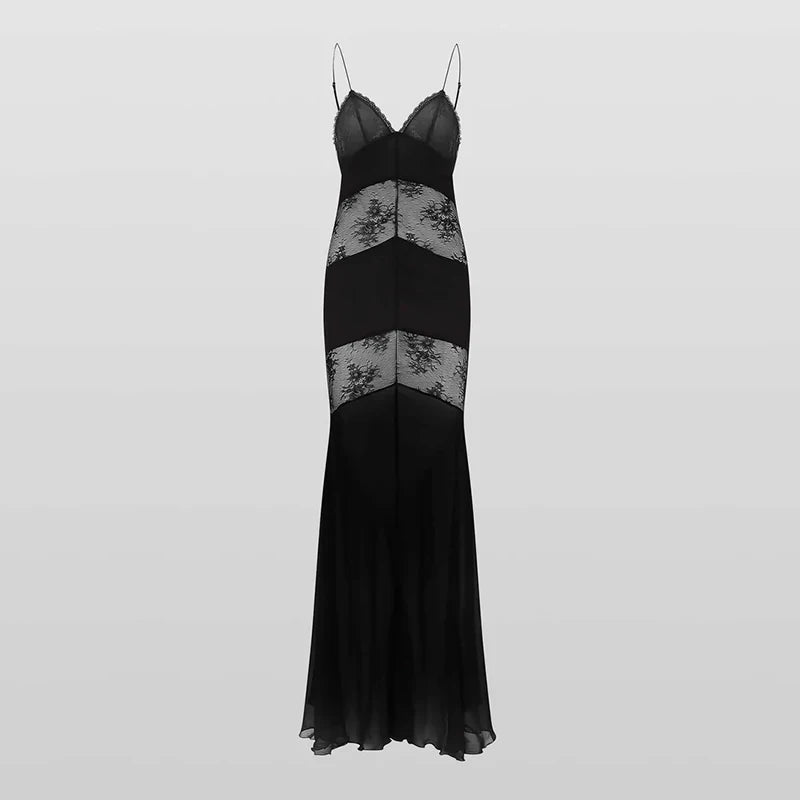 Lace See Through Sling Maxi Dress Women Sexy Slim Black Backless Sleeveless Long Dresses Female Summer Chic Party Evening Robes black