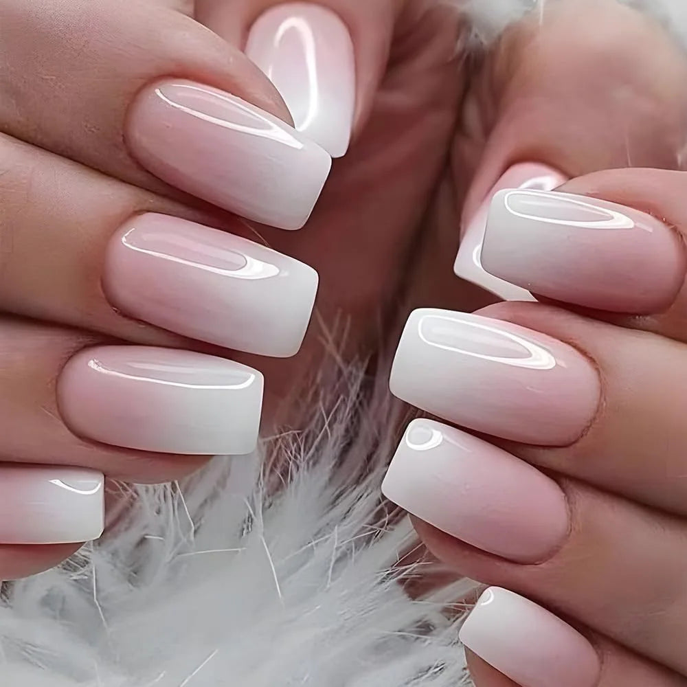 24pcs/set short Medium square fake nails for women gradient nude pink flowers french almond summer tips press on false nail art 963