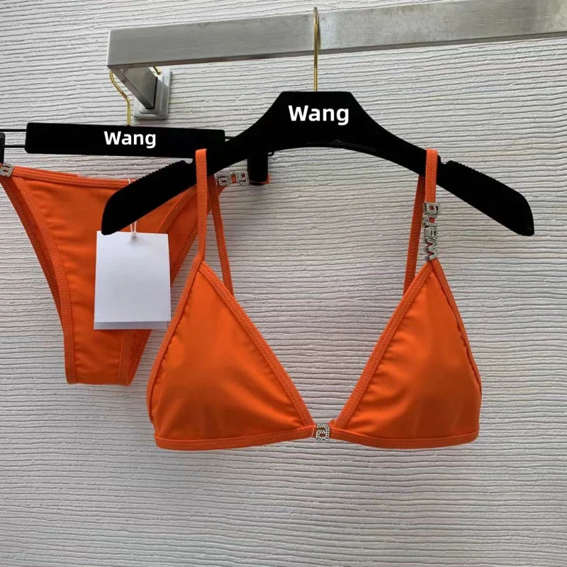 New Rhinestone Letter Wang Beach Bikini Luxury Brand Designer Y2K Fashion Sexy Women's Beach Bikini Duo Set 1Photo color
