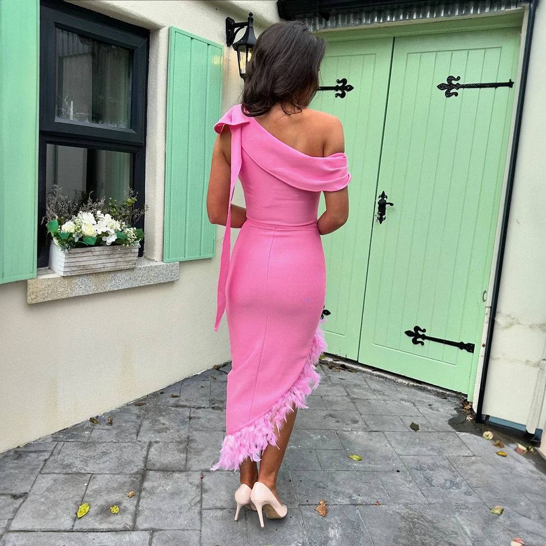 Rosered Color Women Sexy Off the Shoulder Bow Bodycon Bandage Mid-calf Dress Feathers Evening Party Elegant Cocktail Dress