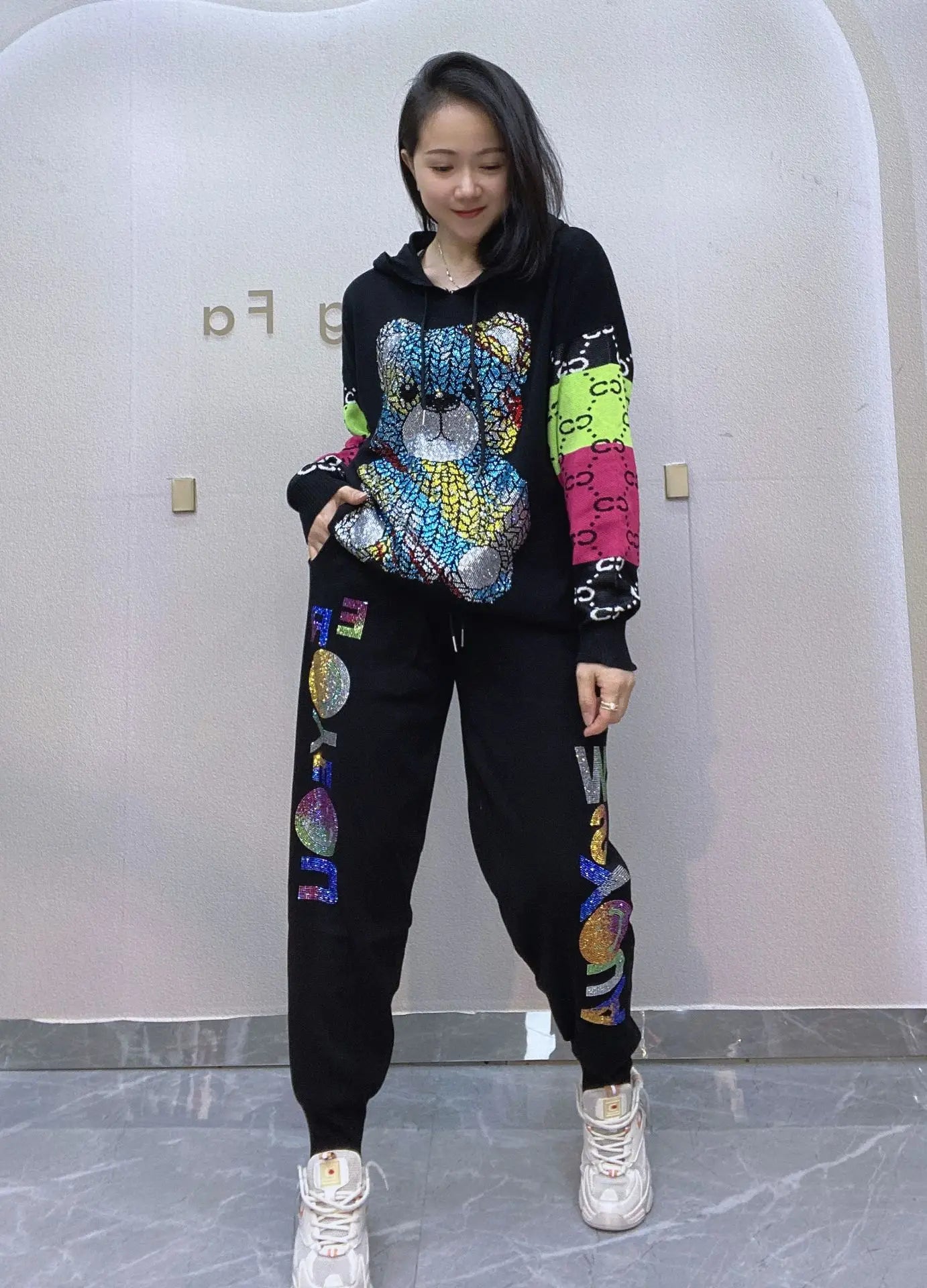 Colorful Bear Diamonds 2 Piece Sets Womens Outfits Letter Print Casual Tracksuit Women Autumn Loose Hooded Sweater Joggers Femme black One Size