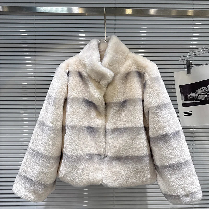 Winter New Elegant Fashion Gradient Striped Furry Warm Faux Fur Coat For Women Loose Jacket 11A07762 Milky White One Size