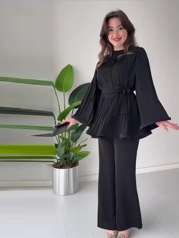Loose Pleated Top Pants Women Belt Suit Elegant O-neck Long Batwing Sleeve Big Swing Top Wide Leg Pant 2 Piece Sets Outfit