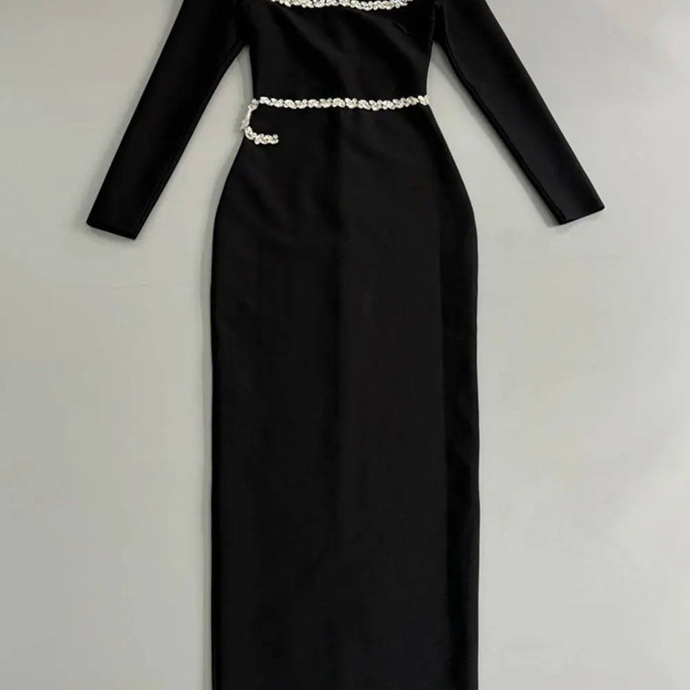 2024 Elegant Women Dress Light Luxury Diamond Design Bandage Dress Square Neck Long Sleeve Bodycon Christmas Red Dress Vestidos black