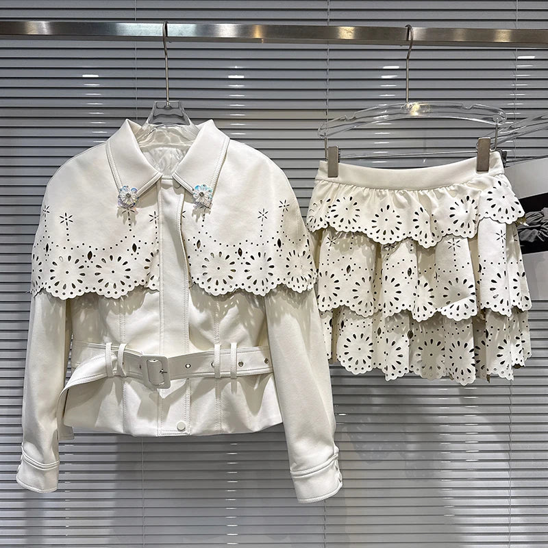 Winter New Fashion Women's Two-pieces Set For Women Hollow Out Shawl Quilted Leather Jacket Cake Skirt Female 11A07466 beige