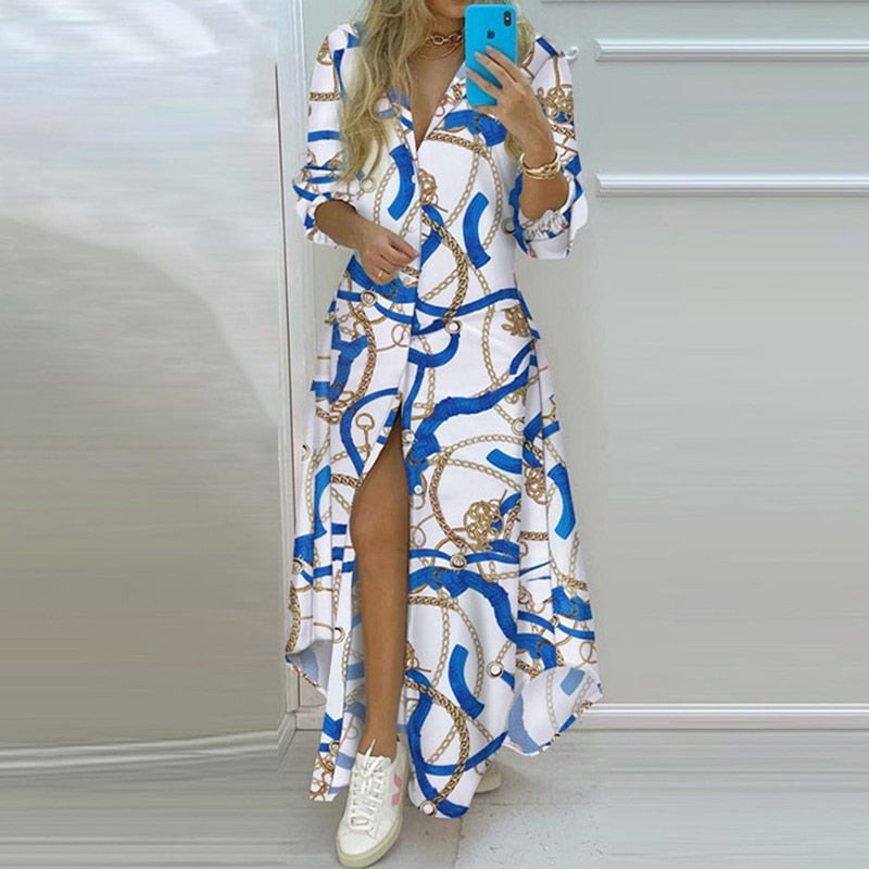 Women Boho Printed Long Shirts Dress Summer Turn-down Collar Long Sleeve Party Dress Female Casual Evening Maxi Dresses Vestidos Style 11