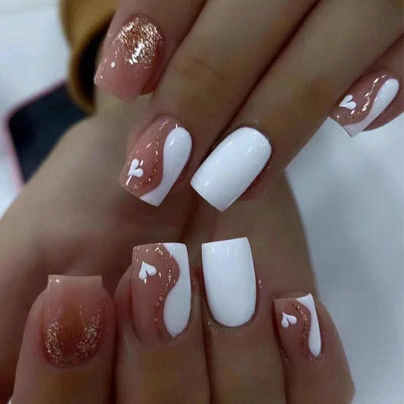 24Pc Square French Fake Nails with Heart Love Designs Glossy White Pink Press on Nails Full Cover False Nail for Valentine's Day 7