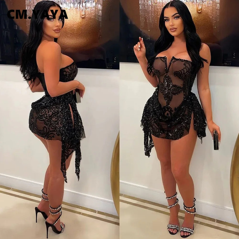 CM.YAYA Women Strapless V-neck Fashion Sequined Sexy Dress Mesh See Through 2024 Summer Night Club Evening Party Mini Dresses
