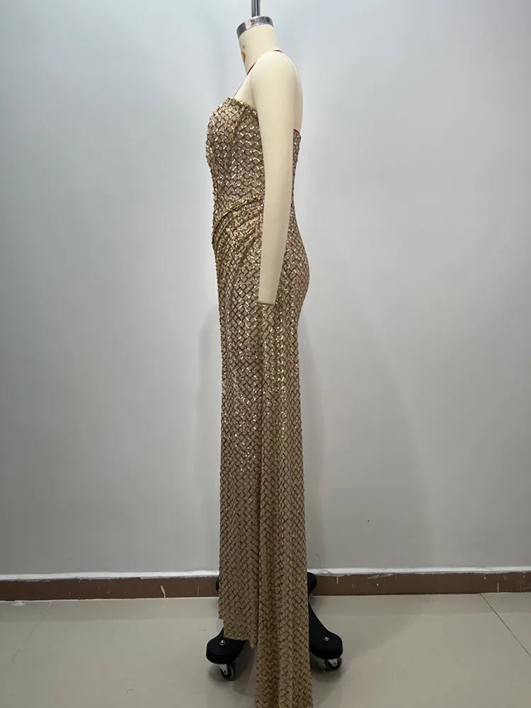 Women Celebrity Sexy Strapless Sequins Gold Crystal Split Maxi Long Gowns Dress 2024 Elegant Evening Party Club Vestido