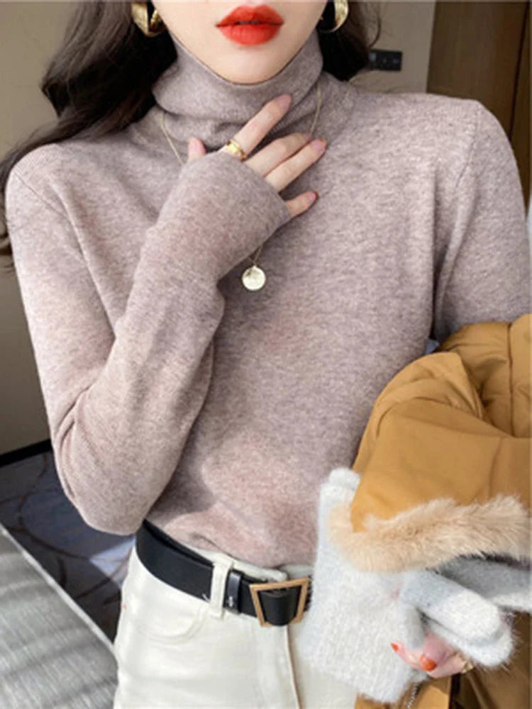 Women Turtleneck Sweaters Casual Soft Long Sleeve Pullovers Elastic Jumpers Knitwear Slim Basic Sweater For Women Autumn Winter Khaki One Size