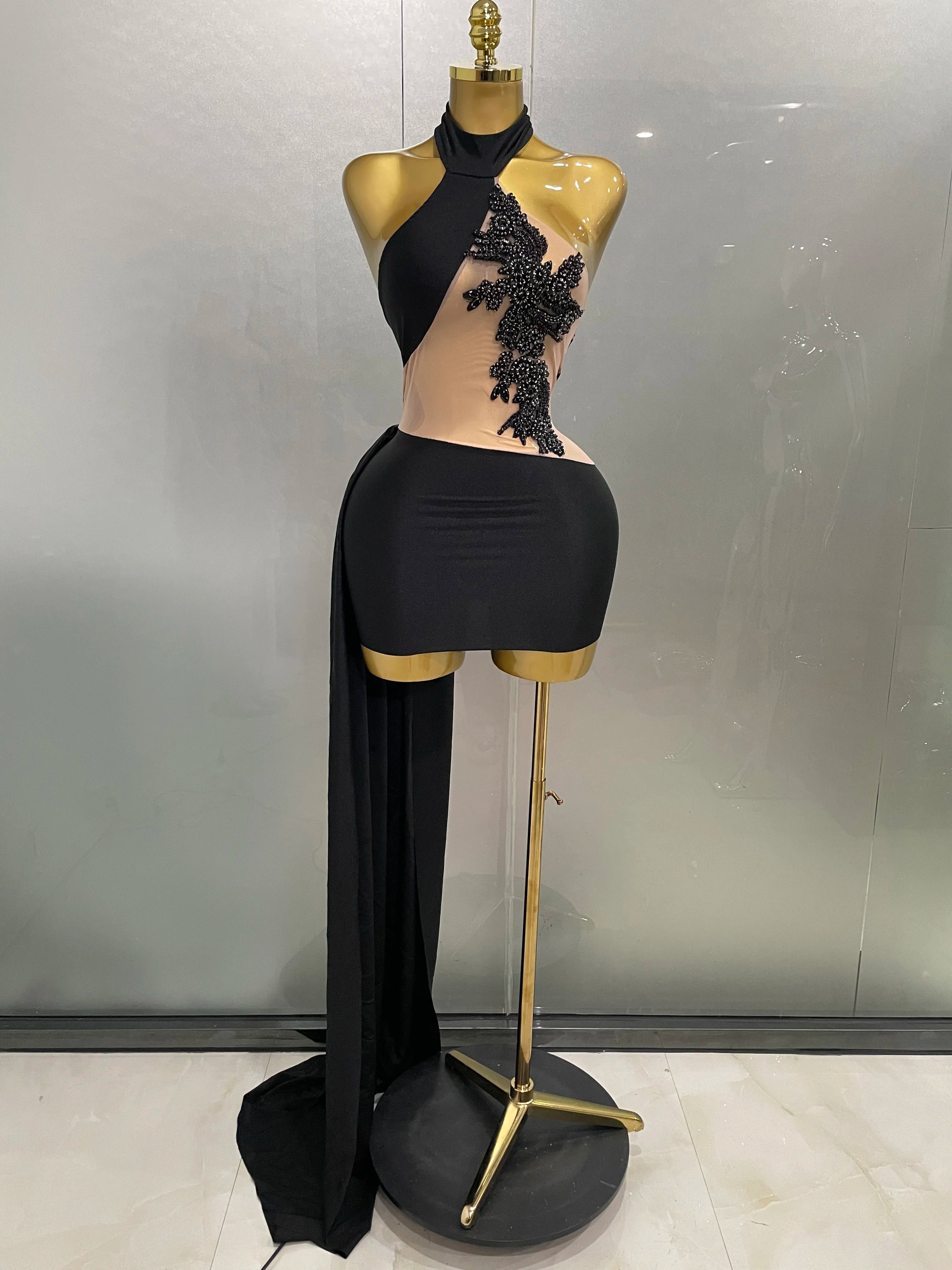 Sexy Sparkly Beaded Mesh See-Through Backless Cocktail Short Dress 2025Women Evening Prom Celebrate Birthday Party Stage Costume black