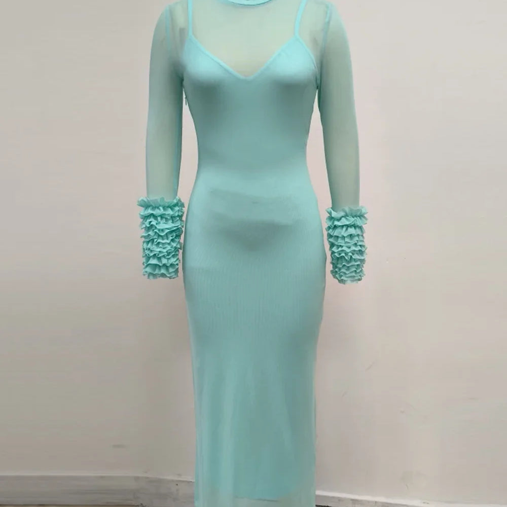 Sexy Turtleneck Ruffle-Cuff Mesh Tight Long Dress Women Long Sleeves Ruffles Bodycon Midi Dresses Evening Party Cocktail Club